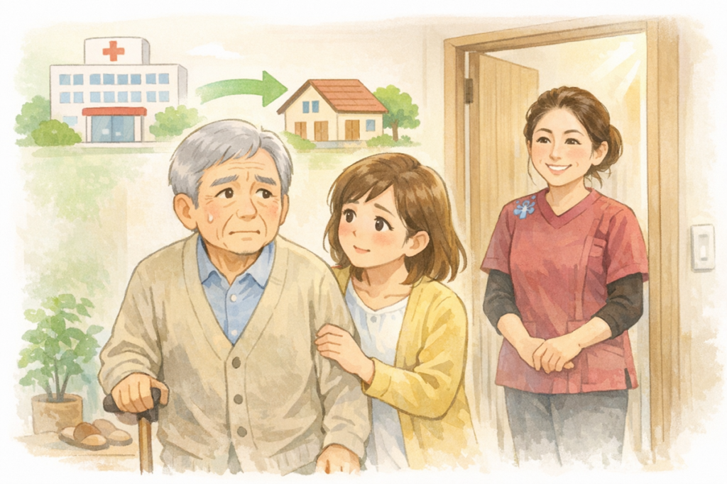 長浜市で退院した高齢男性が自宅に戻り、不安そうにする様子を娘と訪問看護師が見守るイラスト
