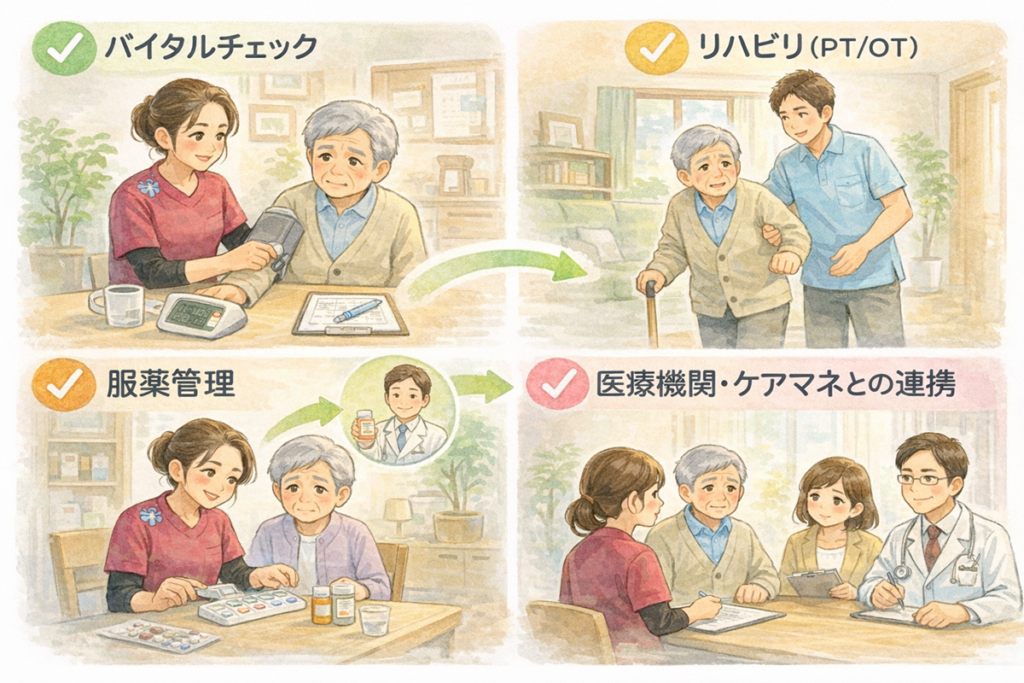 長浜市の訪問看護によるバイタルチェック・リハビリ・服薬管理・医療連携の様子を描いたイラスト
