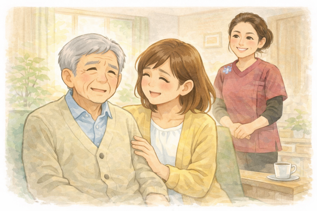 退院後に穏やかに笑う高齢男性と家族を訪問看護師が見守る安心のイラスト（長浜市なでしこ）
