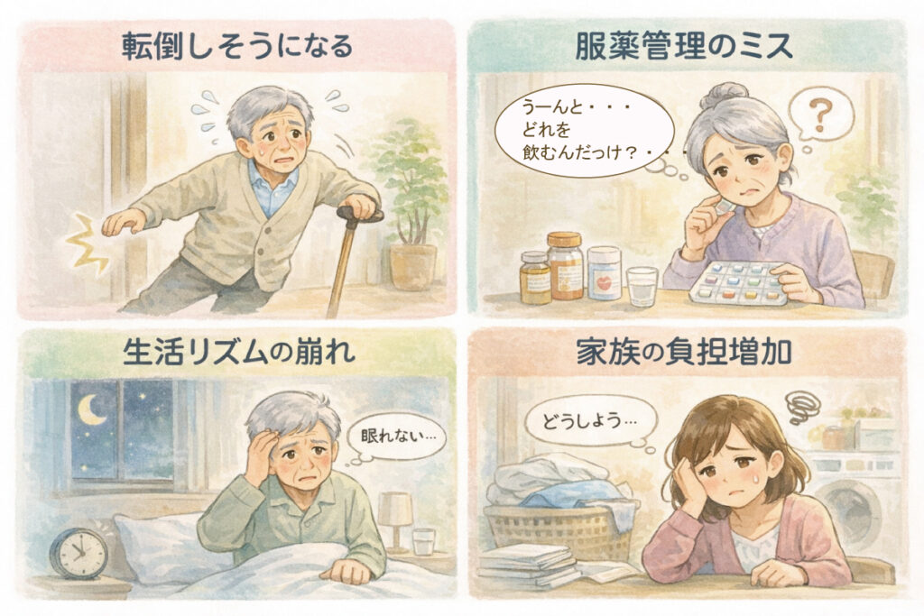 退院後に起こりやすい転倒・服薬管理ミス・生活リズムの崩れ・家族の負担増加を表したイラスト（長浜市訪問看護）
