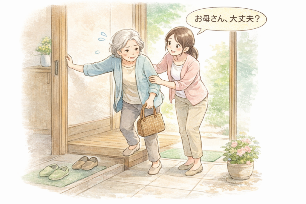 長浜市の高齢女性が玄関でつまずきそうになり、娘が支える様子(介護前の小さな変化)