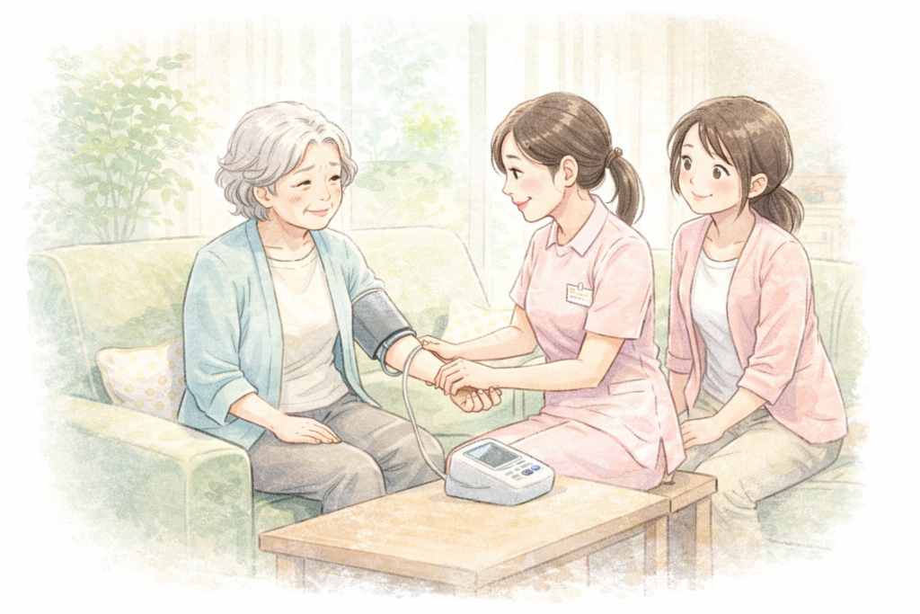 長浜市の訪問看護ステーションなでしこによる介護前の見守り看護(自宅で血圧測定)