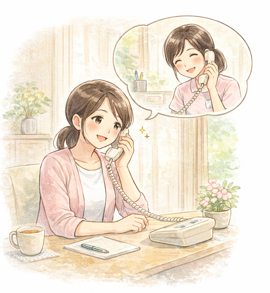 長浜市の介護前の見守り看護|娘世代の女性が電話相談し、看護師がやさしく迎えるイラスト